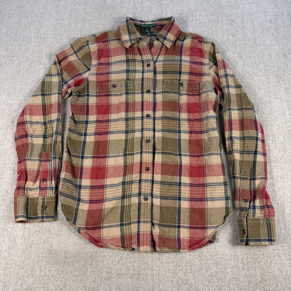 Lauren Ralph Lauren Linen Cotton Plaid Button Up Shirt Women Small Coastal